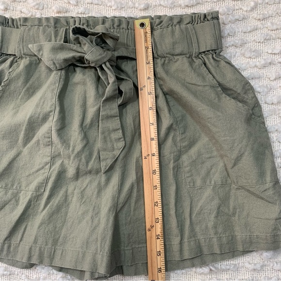 PAPER BAG HIGH WAIST OLIVE GREEN SHORTS BELT WOMENS XL RELAXED COTTAGE LINEN - Picture 4 of 12